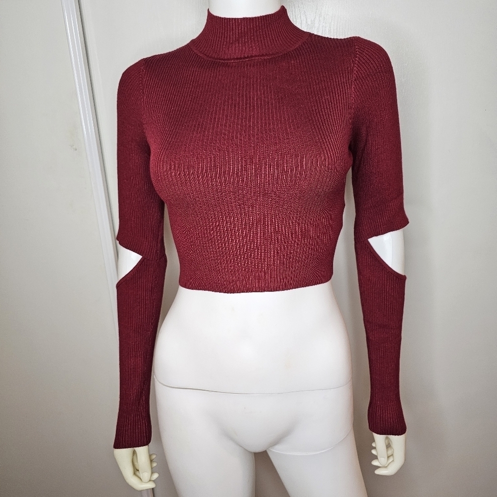 Hera Collection Womens Turtleneck Burgundy Cutout Long Sleeve Ribbed Sweater SM